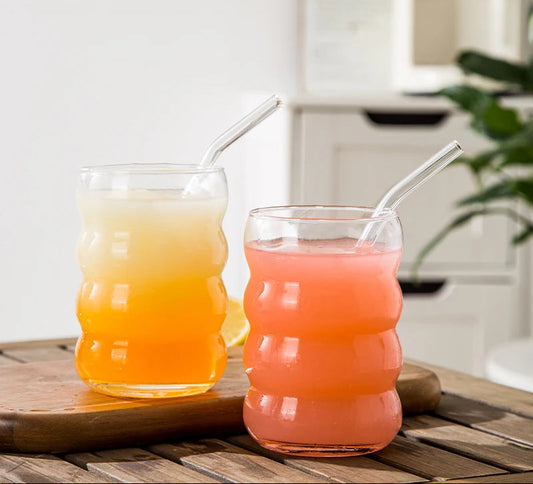 16OZ Drinking Glasses with Glass Straw Made of Soda Lime Glass 4Pcs Set 350ML Shaped Glass Cups Iced Coffee Glasses Tumbler Cup
