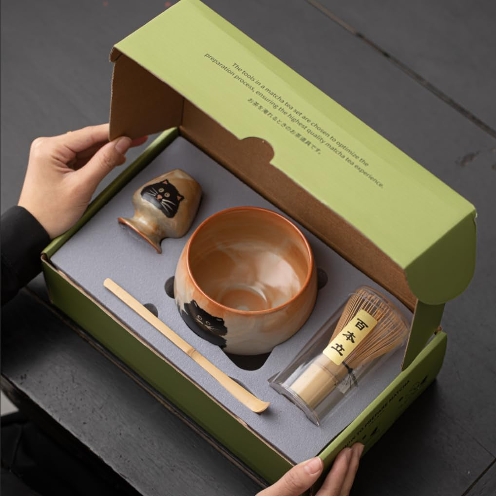 Matcha Whisk Set, 8 Pcs Matcha Kit Includes Bamboo Whisk with Ceramic Holder, Matcha Scoop and Sifter, Cotton and Linen Tea Towel, Traditional Japanese Shino Style Gift Set, Dragon Egg