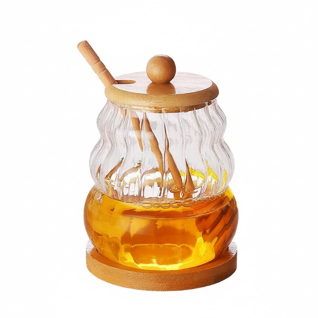 Honey Jar with Spoon and Sealing Lid 330/450ML Glass Honey Jar with Wooden Honey Spoon Tray Sealed Syrup Dispenser