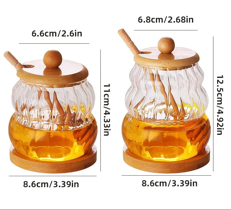 Honey Jar with Spoon and Sealing Lid 330/450ML Glass Honey Jar with Wooden Honey Spoon Tray Sealed Syrup Dispenser