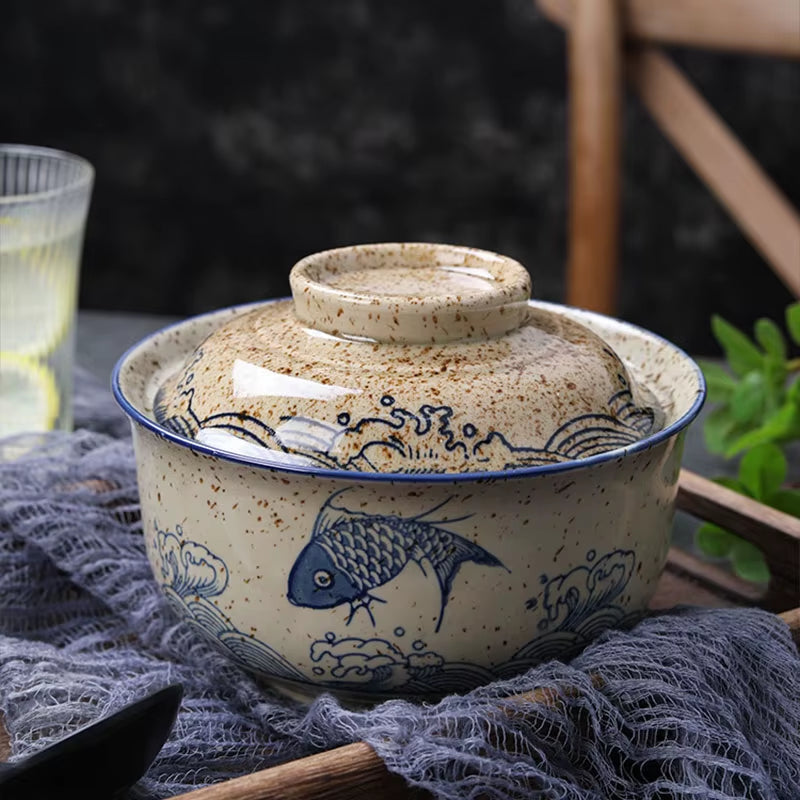 6.5Inch Japanese Style Ramen Bowl with Lid Ceramic Instant Noodle Bowl for Soup Rice Noodle and Porridge Kitchen Tableware