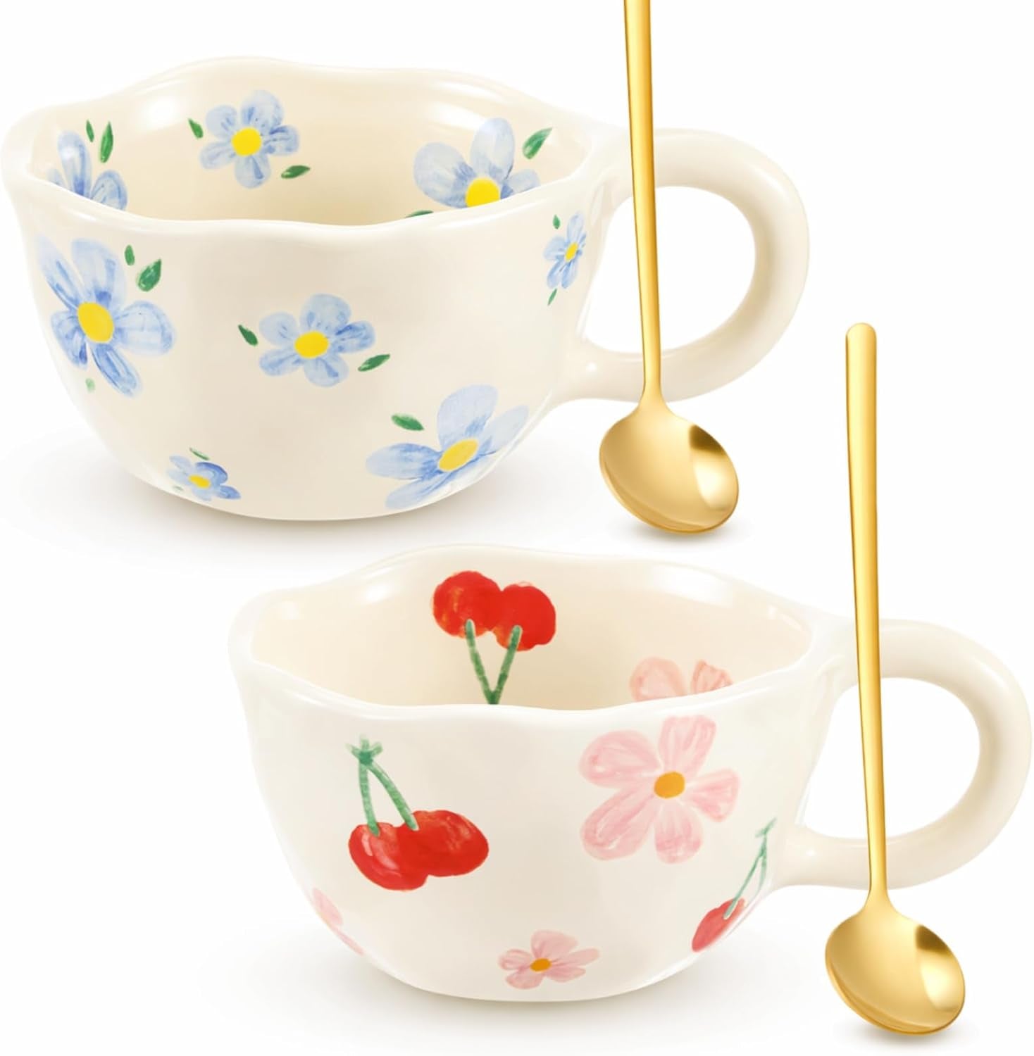 2 Pcs Ceramic Coffee Mugs Flower Mugs with Spoon Vintage Floral Mugs with Handle 8.5 Oz Cute Aesthetic Tea Porcelain Cup Dishwasher and Microwave Safe(Lovely)