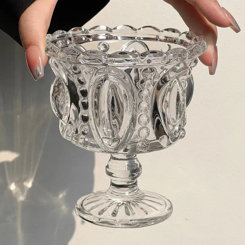 1/2PCS Retro Embossed Tall Glass Cup Whiskey Mugs Black Crystal Home Creative Coffee Ice Cream Yogurt Dessert Goblet