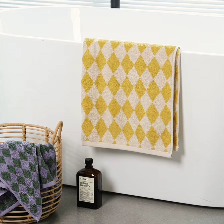 Retro Diamond Checkered Pure Towel Soft Skin-Friendly High Quality Yarn-Dyed Jacquard Bath for Adult Wash Face Bath Towels