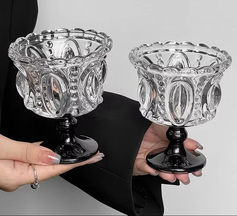 1/2PCS Retro Embossed Tall Glass Cup Whiskey Mugs Black Crystal Home Creative Coffee Ice Cream Yogurt Dessert Goblet