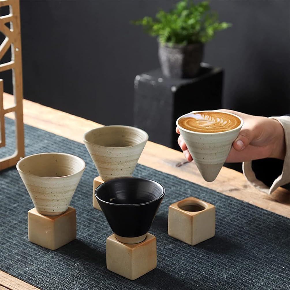 2Pcs Coarse Pottery Coffee Mug with Base,Creative Triangular Cone Shape