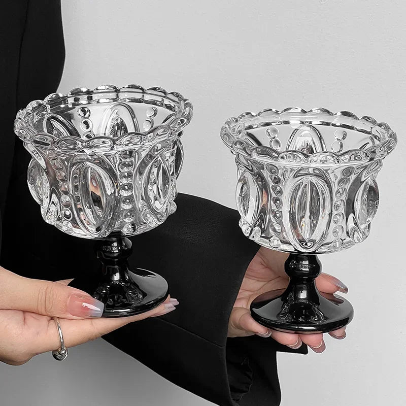 1/2PCS Retro Embossed Tall Glass Cup Whiskey Mugs Black Crystal Home Creative Coffee Ice Cream Yogurt Dessert Goblet